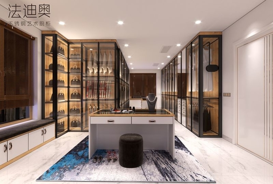 Robust Expansive Stainless Steel Open Walk In Closet With Glass Doors