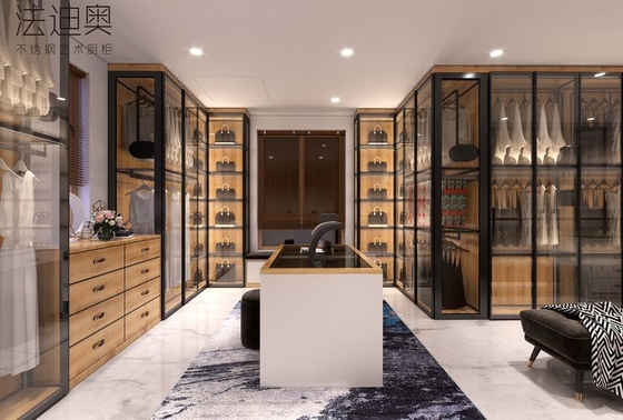 Robust Expansive Stainless Steel Open Walk In Closet With Glass Doors