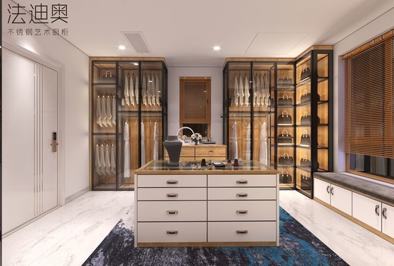 Robust Expansive Stainless Steel Open Walk In Closet With Glass Doors