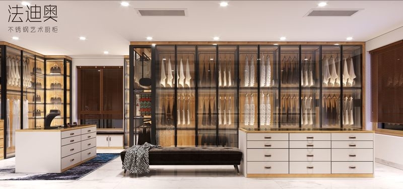 Robust Expansive Stainless Steel Open Walk In Closet With Glass Doors