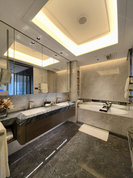 Fadior Luxe Arc â Stainless Steel Bathroom Vanity With Woodgrain Doors & Quartz Top - Specifications with room context